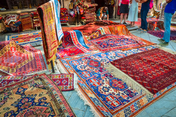 Traditional Georgian Carpets with typical geometrical patterns in the street shop, Tbilisi, Georgia