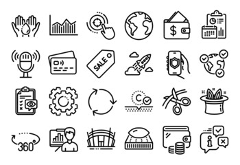 Vector set of Recycling, Eye checklist and Wash hands line icons set. Calendar report, Money wallet and Credit card tag. Scissors, 360 degrees and Collagen skin icons. Vector
