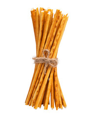 Tasty baked bread sticks with rope isolated on the white background