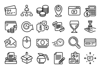 Vector set of Wine glass, Article and Typewriter line icons set. Calendar report, Money wallet and Credit card tag. Time hourglass, Computer mouse and Update time icons. Vector