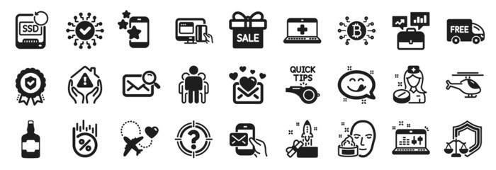 Set of Business icons, such as Online payment, Group, Yummy smile icons. Whiskey bottle, Search mail, Security network signs. Love mail, Face cream, Innovation. Honeymoon travel, Tutorials. Vector