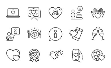 Fototapeta premium Love icons set. Included icon as Friends chat, Hearts, One love signs. Heart, Friends world, Champagne glasses symbols. Dating app, Web love, Hold heart. Romantic dinner line icons. Vector
