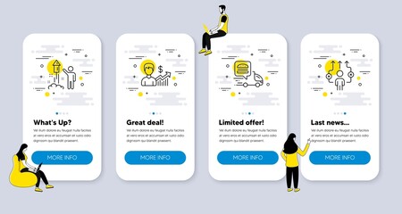 Vector Set of Business icons related to Fireworks, Food delivery and Business growth icons. UI phone app screens with people. Business way line symbols. Vector