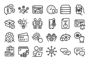 Vector set of Reject web, Refrigerator and Dots message line icons set. Calendar report, Money wallet and Credit card tag. Teamwork, Favorite and Secret package icons. Vector