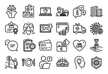 Vector set of Income money, Online question and Coronavirus protection line icons set. Calendar report, Money wallet and Credit card tag. Arena stadium, Vip certificate and Buildings icons. Vector
