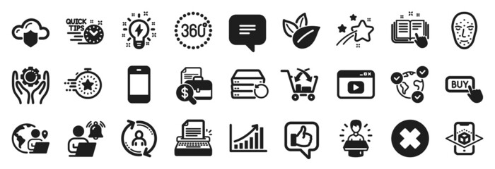 Set of Technology icons, such as Inspiration, Accounting report, Buy button icons. Falling star, Smartphone, Timer signs. Video content, Cloud protection, Outsource work. 360 degrees, Like. Vector