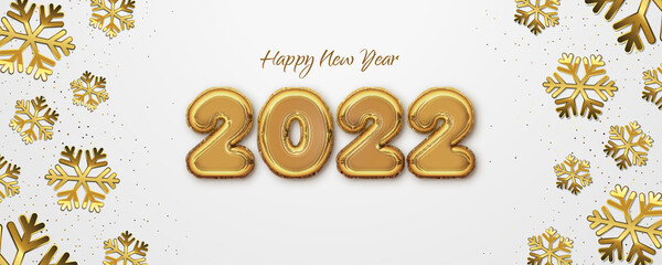 Obraz na płótnie Canvas Foil balloon text effect of Happy New Year 2022 with scattered gold snowflakes on white background. Golden editable text effect. Winter holiday vector illustration.
