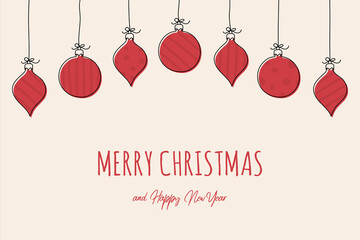 Christmas card with hand drawn baubles and wishes. Vector