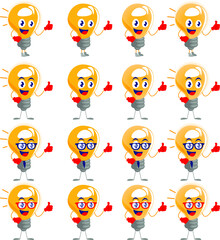 vector illustration. light bulb character. nft. logo, set. light bulb with glasses, with a tie. Art.
Cute happy smiling light bulb character collection. Vector flat design cartoon illustration icons. 