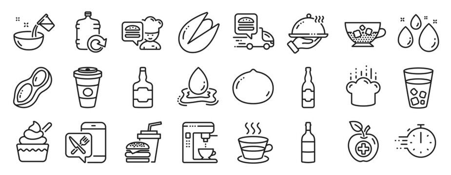 Set of Food and drink icons, such as Ice tea, Cooking hat, Coffee cup icons. Beer bottle, Peanut, Cooking water signs. Water splash, Coffee maker, Food app. Pistachio nut, Medical food. Vector