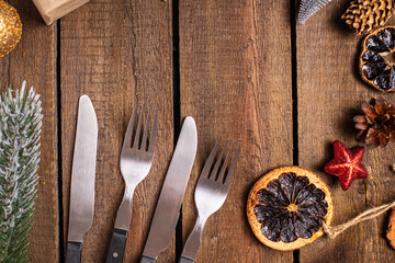 christmas table setting festive cutlery fork knife tableware new year meal on the table copy space food background rustic 