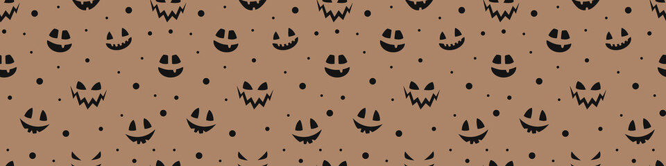 Halloween banner with funny pumpkin lantern face. Seamless texture. Vector