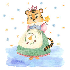 Watercolor hand painted postcard with Christmas illustration.Cute characters and elements: little tiger in costumes,stars,snowflakes,vintage Christmas tree toys and symbols new year