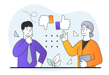 Woman answers man. Choice of one of two options. Evaluation of information, dialogue, report. Thumbs up or down as good or bad feedback. Cartoon flat vector illustration isolated on white background