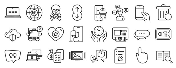 Fototapeta na wymiar Set of Technology icons, such as Location app, Quote bubble, Safe time icons. Atm, 5g internet, Like signs. Reject file, Search text, Dots message. Hold smartphone, Heart, Refrigerator. Vector