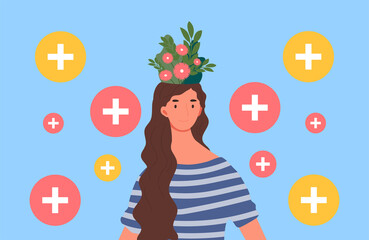 Fototapeta premium Brain development concept. Girl evaluates options. Finding right solution. Mental health symbol, meditation, selfcare, psychology. Cartoon flat vector illustration isolated on blue background