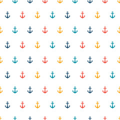 White seamless pattern with colorful tiny anchors.