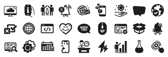 Set of Technology icons, such as Cloud storage, Partnership, Seo script icons. Quickstart guide, World insurance, Smile face signs. Info app, World mail, User notification. Electricity. Vector