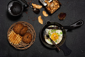 Flat lay background. Breakfast - kitchen utensils