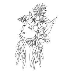 Woman face with butterfly. Line art female hands with butterflies. Abstract face with butterfly by one line vector drawing. Portrait minimalistic style. Botanical print. Nature symbol of cosmetics.