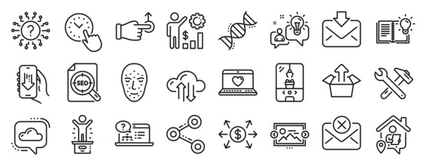 Fototapeta na wymiar Set of Technology icons, such as Product knowledge, Crane claw machine, Work home icons. Incoming mail, Image carousel, Time management signs. Dollar exchange, Chemistry dna, Spanner tool. Vector