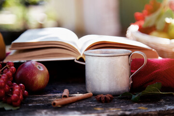 Naklejka na ściany i meble Cozy autumn concept with mug of tea, vintage book, viburnum, apples in rustic style. Autumn aesthetic still life with shadows, red dahlia. Cozy home, warm scarf and tea. Thanksgiving Day concept.