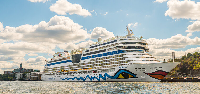 Stockholm, Sweden - July 05 2018:  Cruise ship Aidamar, IMO 9490052, docked at Masthamnen