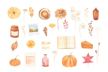 Watercolor autumn collection with illustration autumn leaves, decor, hydrangea, dried flower, pumpkins isolated on white background. Thanksgiving greeting card. 