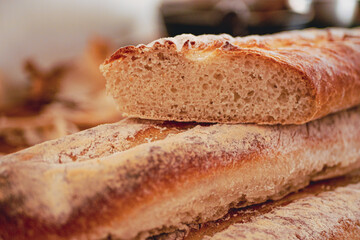 Homemade craft sourdough bread, Crusty Artisan Bread. Freshly baked bread baguettes at home
