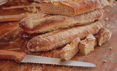 Homemade craft sourdough bread, Crusty Artisan Bread. Freshly baked bread baguettes at home