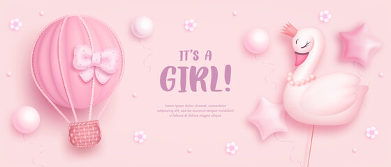 Baby shower horizontal banner with cartoon hot air balloon, swan, helium balloons and flowers on pink background. It's a girl. Vector illustration