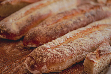 Homemade craft sourdough bread, Crusty Artisan Bread. Freshly baked bread baguettes at home