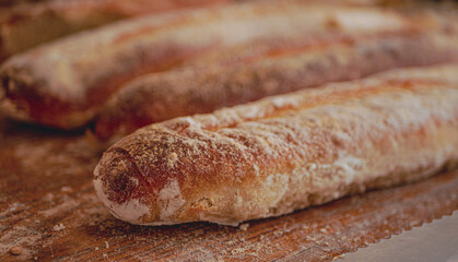 Homemade craft sourdough bread, Crusty Artisan Bread. Freshly baked bread baguettes at home