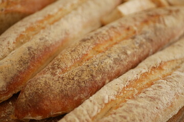 Homemade craft sourdough bread, Crusty Artisan Bread. Freshly baked bread baguettes at home