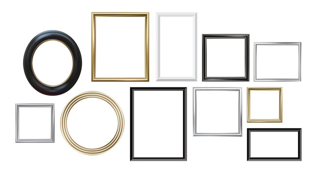 Set of different picture frames isolated on white background. Gold, silver, wood. Square, rectangle, oval, circle format. Vector illustration, EPS 10