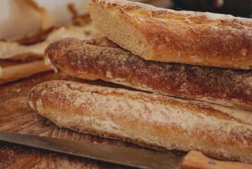 Homemade craft sourdough bread, Crusty Artisan Bread. Freshly baked bread baguettes at home