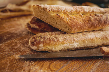 Homemade craft sourdough bread, Crusty Artisan Bread. Freshly baked bread baguettes at home