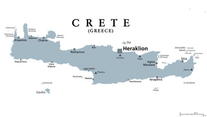 Crete, Greek island, gray political map, with capital Heraklion. Largest island of Greece and fifth largest in the Mediterranean Sea. With major Minoan settlements Knossos, Phaistos, Malia and Zakros. - obrazy, fototapety, plakaty