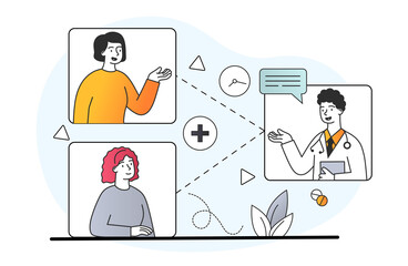 Patients connecting online. Doctor interviews patients, online conference. Specialist checks students, distance learning, education. Cartoon flat vector illustration isolated on white background