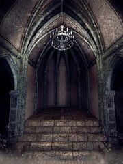 Fototapeta na wymiar Dark gothic corridor in an old cathedral with a hanging lamp with candles. 3D render.