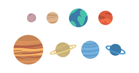 Planets of solar system symbols collection, flat vector illustration isolated.