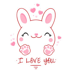 Obraz na płótnie Canvas Cute Valentine card in kawaii style. Lovely bunny with pink hearts. Inscription I love you. Can be used for t-shirt print, stickers, greeting card design. Vector illustration EPS8