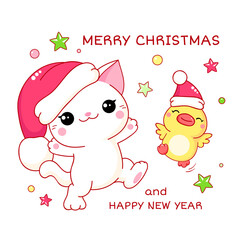 Square greeting Christmas card with kawaii cat and duckling. Two cute friends kitten and duck In Santa hats. Inscription Merry Christmas and Happy New Year. Vector illustration EPS8