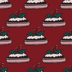 Seamless pattern with Christmas pie. Doodle sweets on dark red background