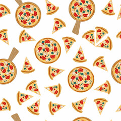 Pizza pattern, colorful fast food background, vector texture, food illustration for pizzeria, restaurant or cafe, saucy italian pizza and pepperoni slices, modern cartoon drawing