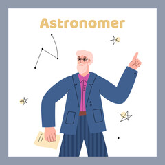 Astronomer poster or card with scientist character flat vector illustration.