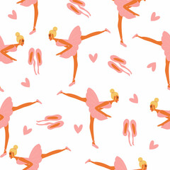 Seamless pattern with dancing ballerinas with pointe shoes on a white background. Vector vintage ornament.
