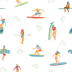 Vector seamless pattern with set characters of surf girls enjoying summer surfing - 460894392