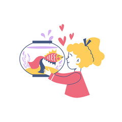 Childrens love and care for animals and pets, flat vector illustration isolated.
