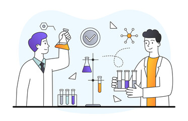 Science experiment in laboratory. Two men stand with flasks in their hands. Chemists study substances, interactions and reactions. Cartoon flat vector illustration isolated on white background